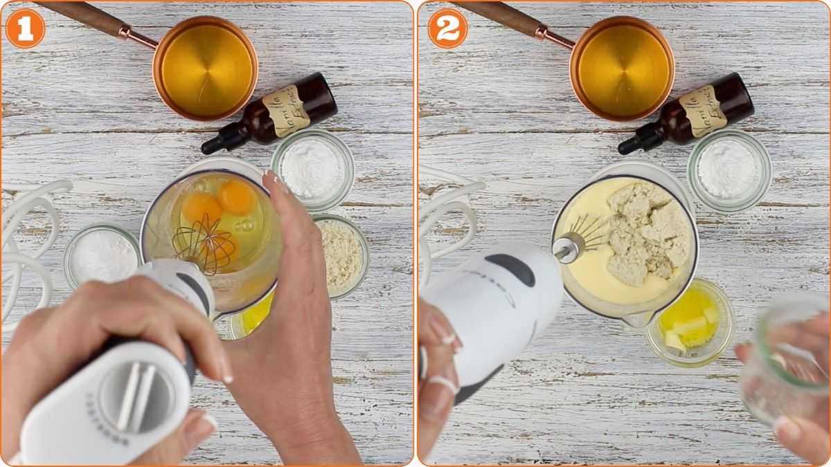 Split image showing two steps of mixing ingredients with a hand blender in a bowl, surrounded by small bowls containing baking ingredients on a wooden surface.