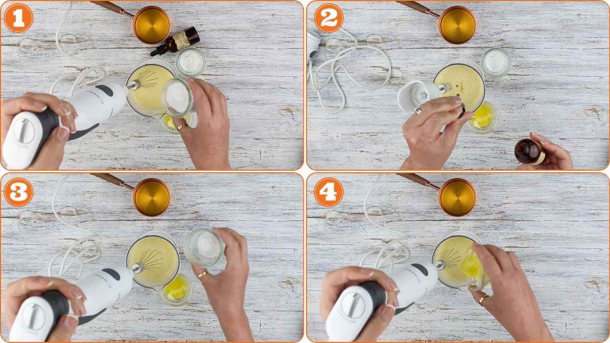 Four-step process of making homemade lotion, showing hands using a hand blender and adding ingredients like oil, a white liquid, and a brown liquid into a glass container on a wooden surface.