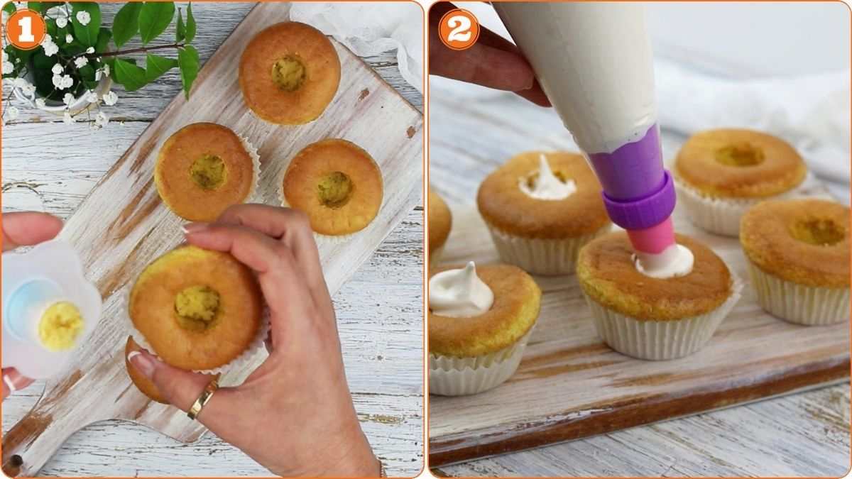 Two-step process: In the first image, someone hollows out cupcakes; in the second image, they fill the cupcake centers with white cream using a piping bag.