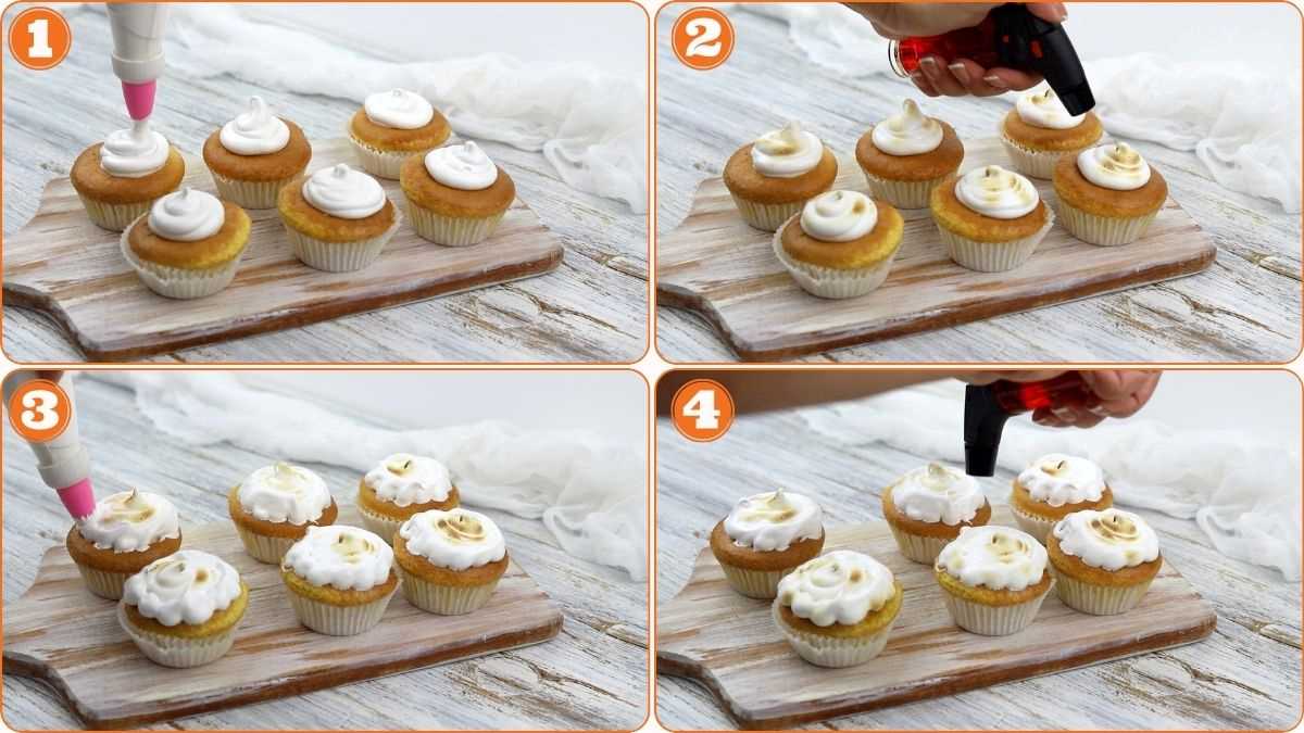 Four-step process of decorating cupcakes: piping white frosting onto cupcakes, then using a kitchen torch to brown the frosting in two stages.