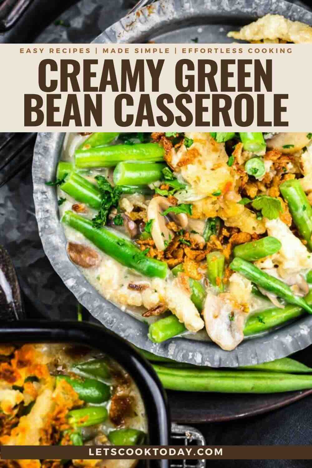 A creamy green bean casserole topped with crispy onions is served in a round baking dish, with a portion scooped out onto a plate nearby.