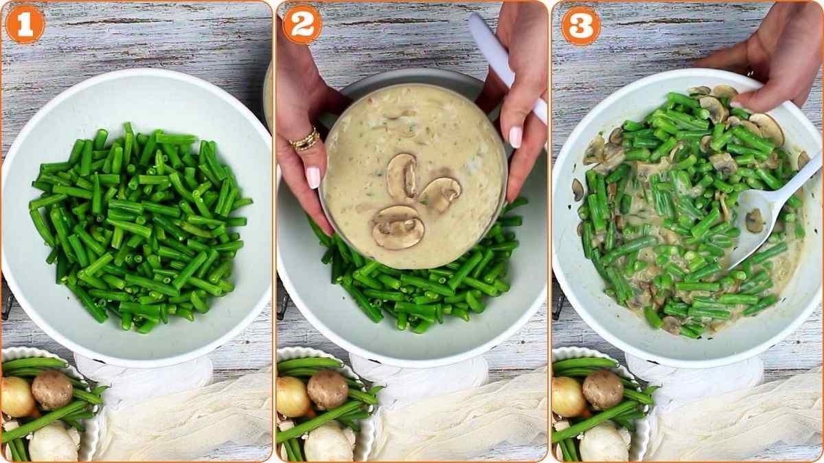 Step-by-step images showing green beans in a bowl, adding mushroom soup, and mixing to make green bean casserole.