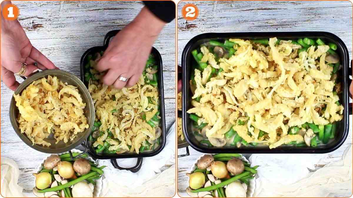 A collage of food in a pan.