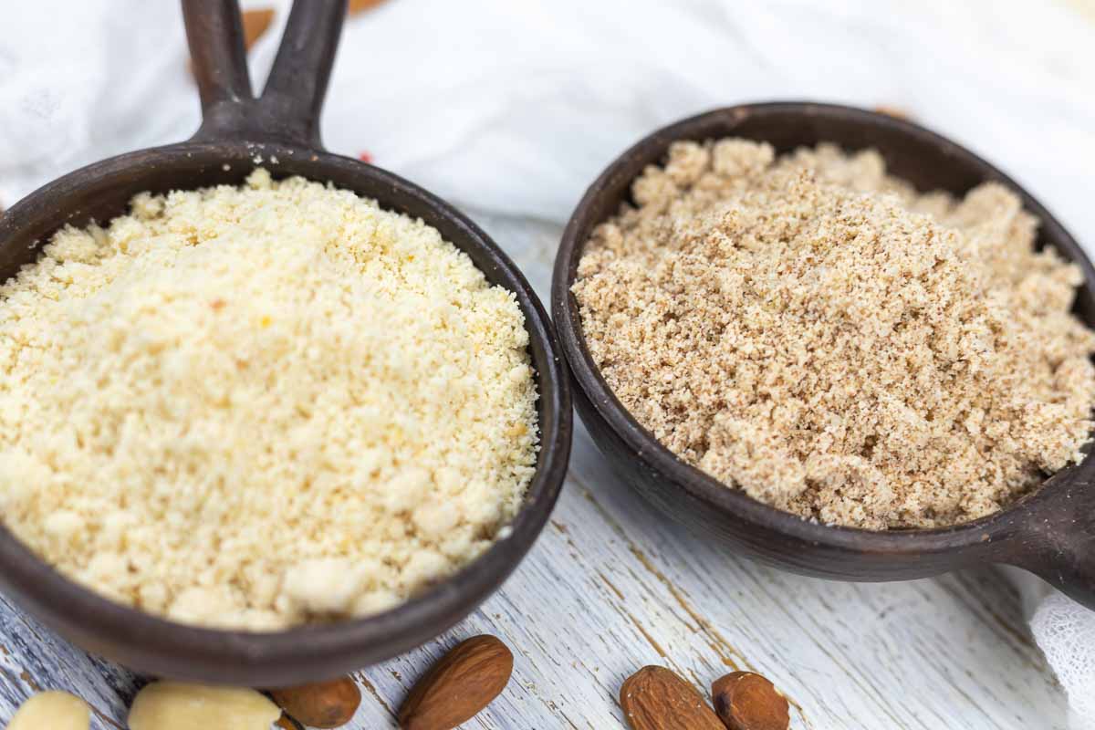 Almond flour and ground almonds side-by-side.