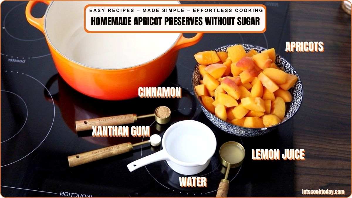 Ingredients for homemade apricot preserves—apricots, cinnamon, xanthan gum, lemon juice, and water—are arranged on a stovetop next to an orange pot.