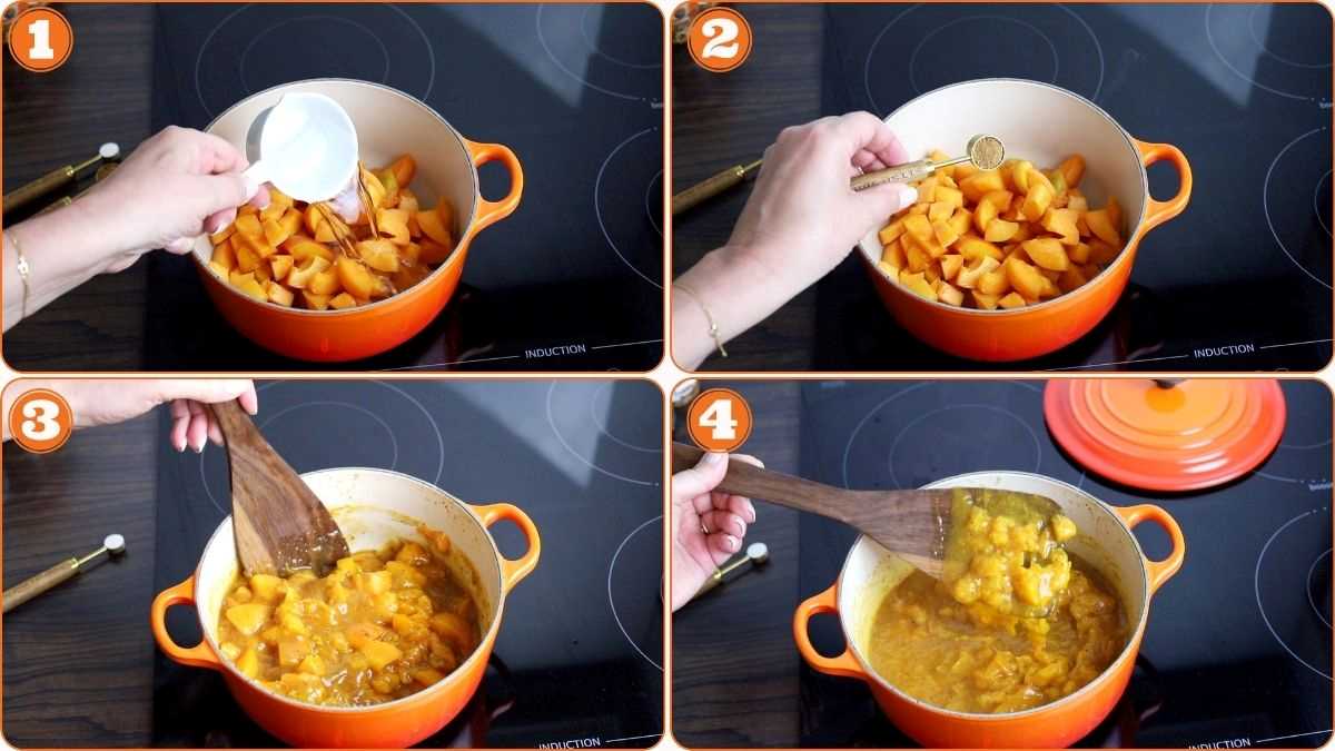 A step-by-step collage shows hands cooking chopped fruit in an orange pot: adding water, adding spices, stirring, and simmering the mixture on a stovetop.