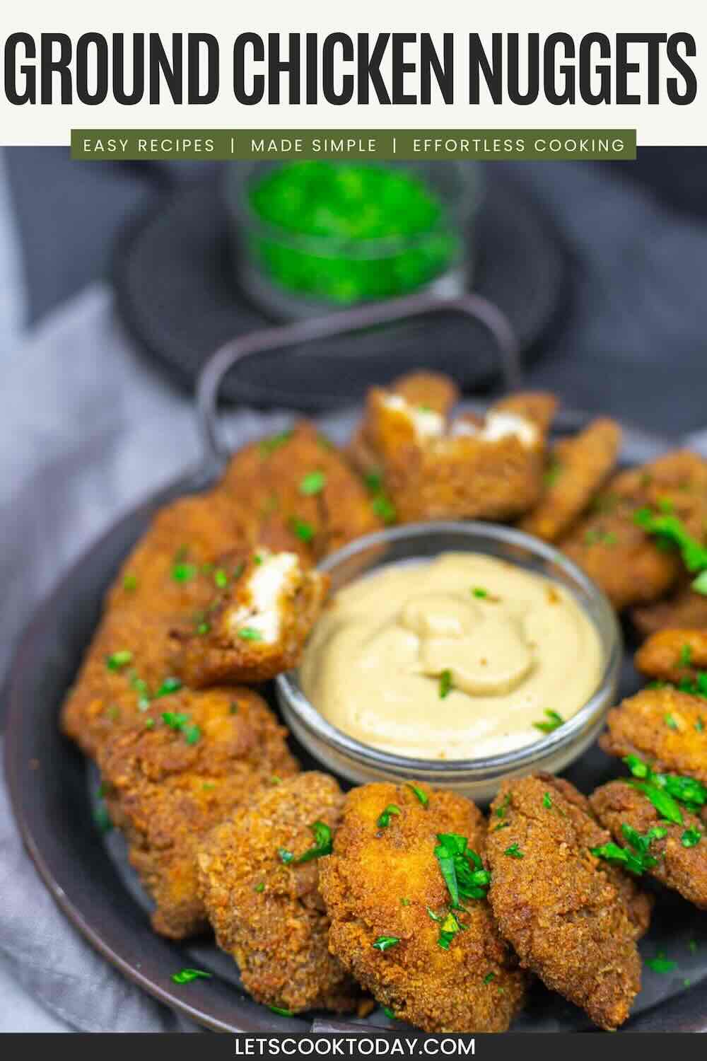Ground chicken nuggets with creamy dipping sauce.