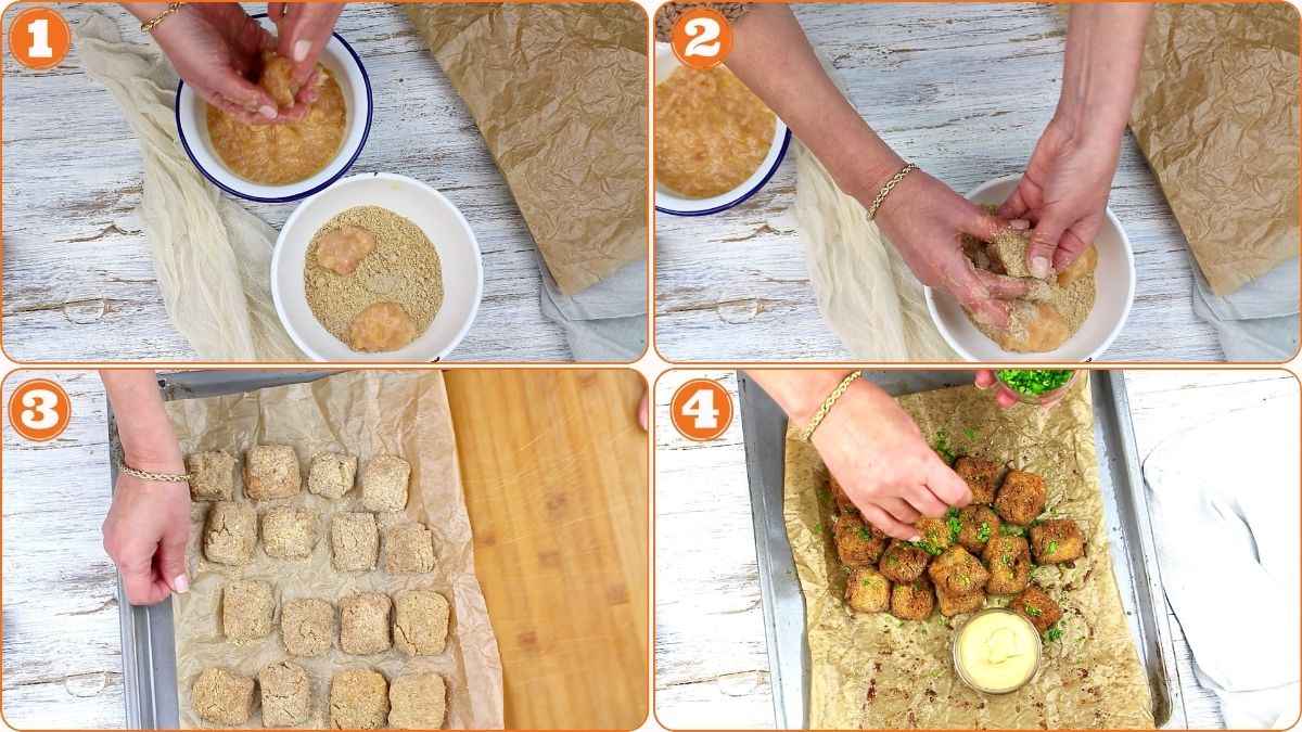 Coating chicken pieces in breadcrumbs before baking.