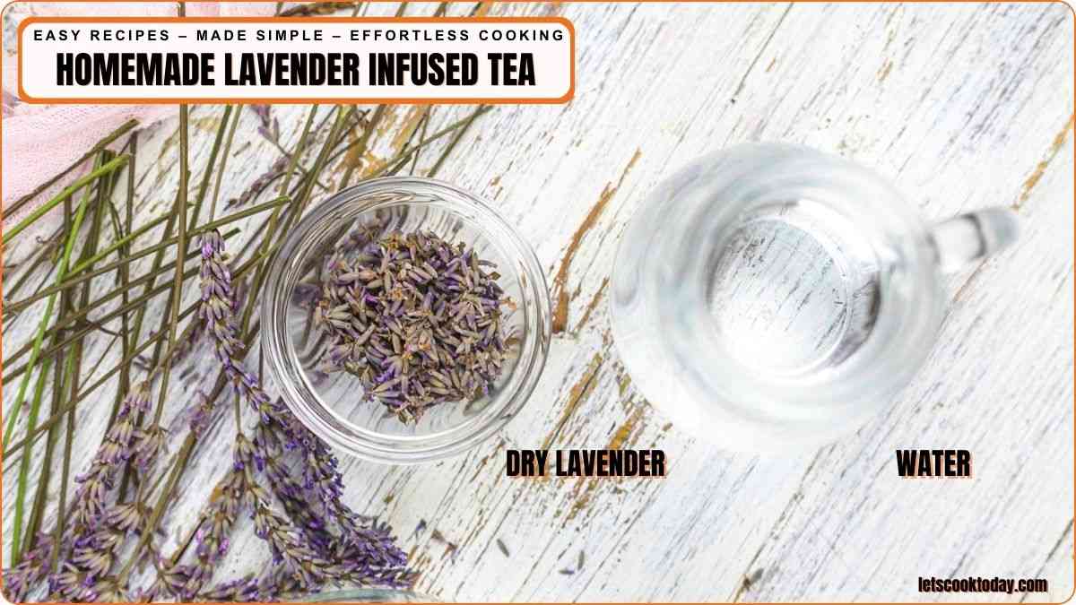 Dry lavender buds and water on table.