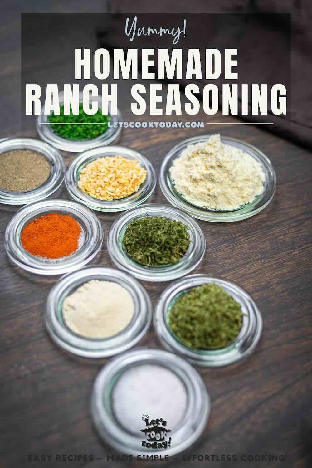 Small bowls of ranch seasoning ingredients displayed.