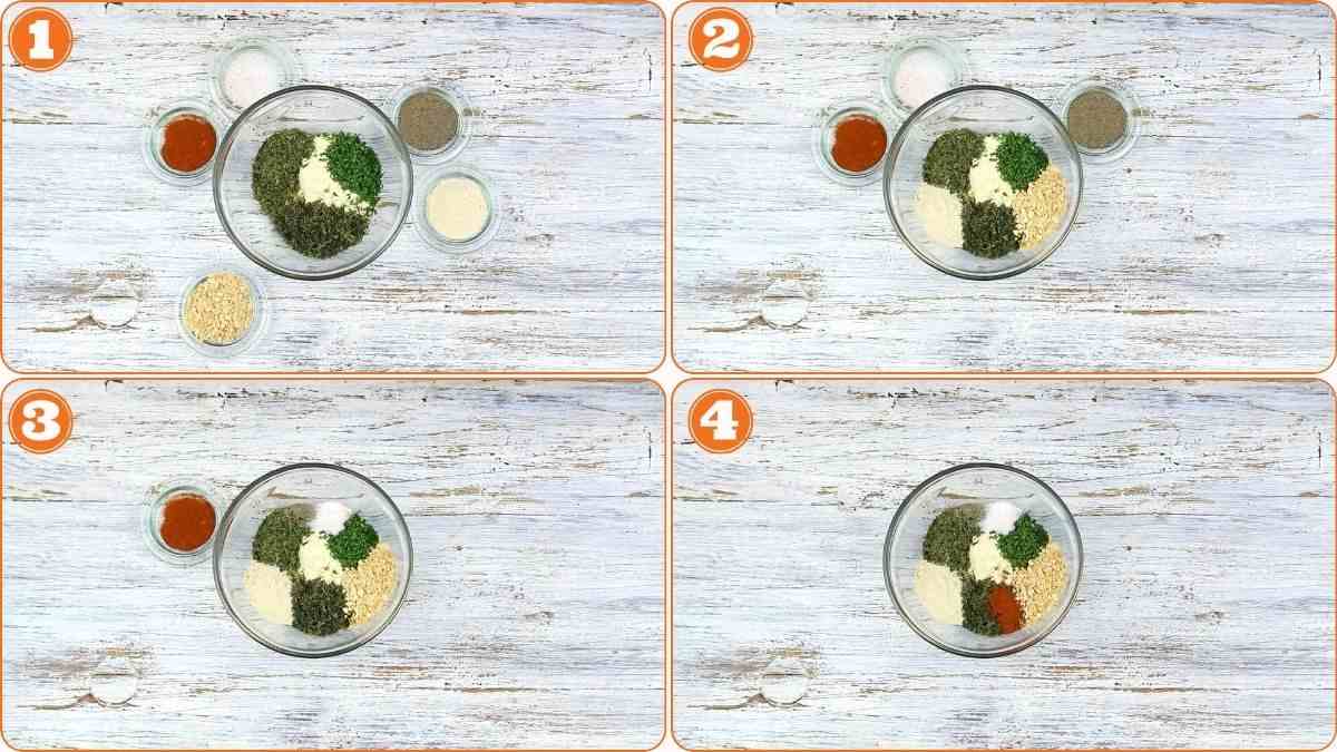 Step-by-step collage adding spices to bowl.