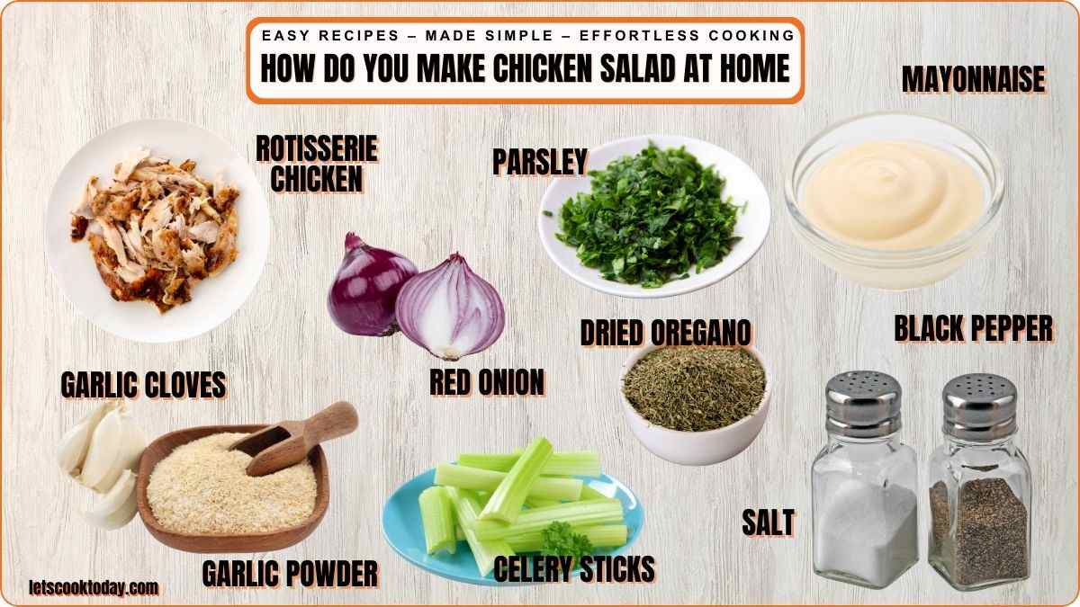 Chicken salad ingredients arranged on white surface.