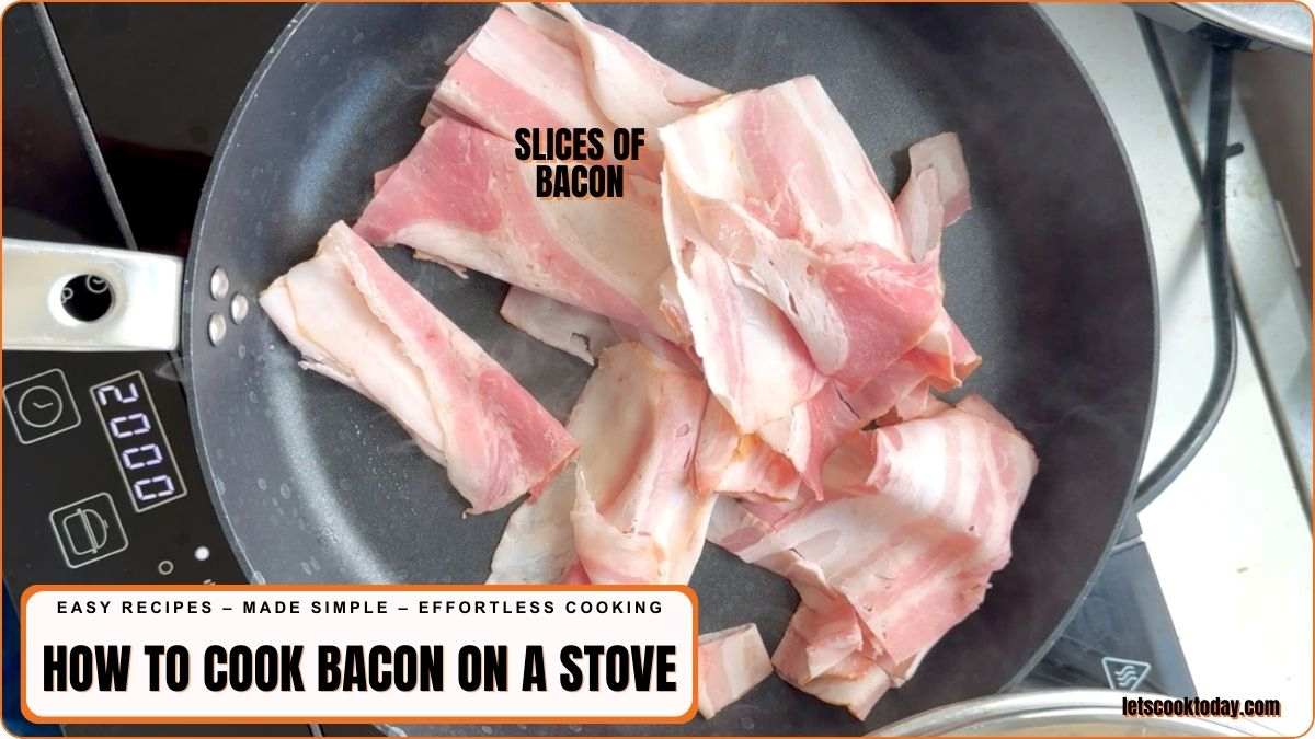 Sliced bacon cooking in a nonstick pan on an electric stovetop, with a digital display showing the temperature setting.