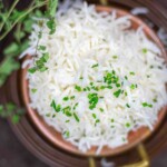 Overhead shot of oven cooked fluffy rice.