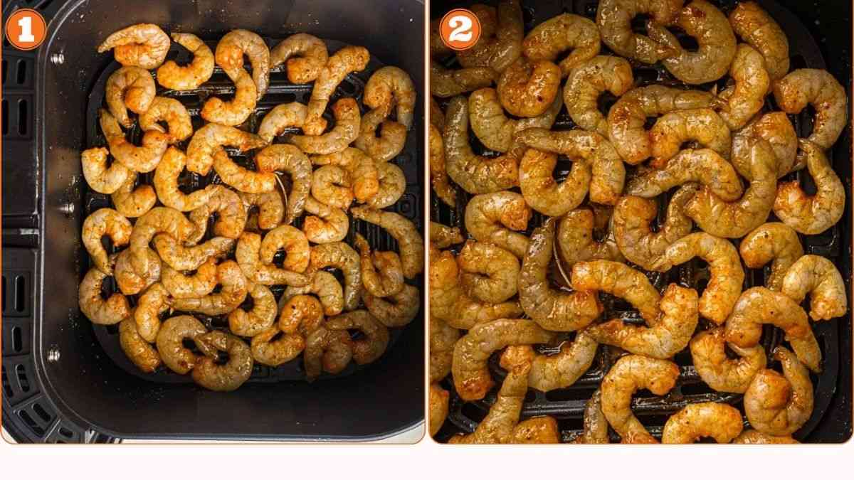 Raw seasoned shrimp arranged inside air fryer basket.