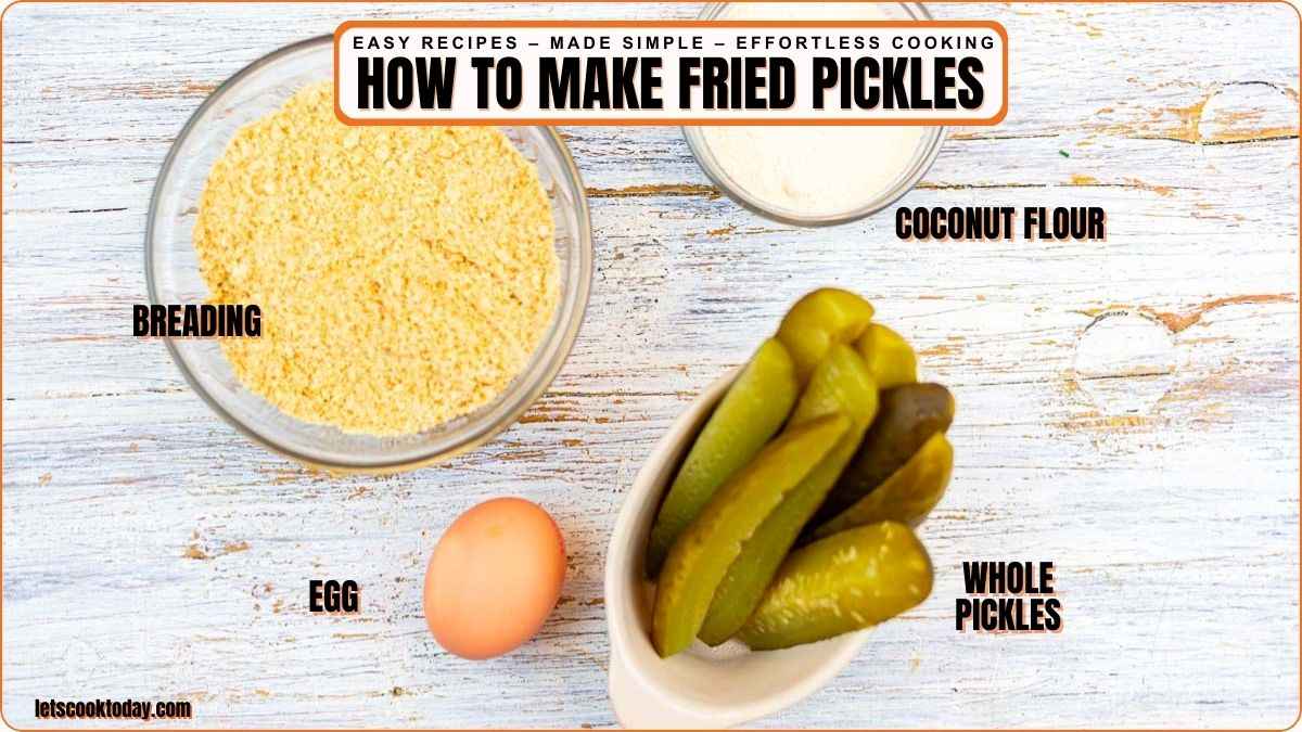 Ingredients for making fried pickles are arranged on a white surface: a bowl of breading, a bowl of coconut flour, a whole egg, and several whole pickles.