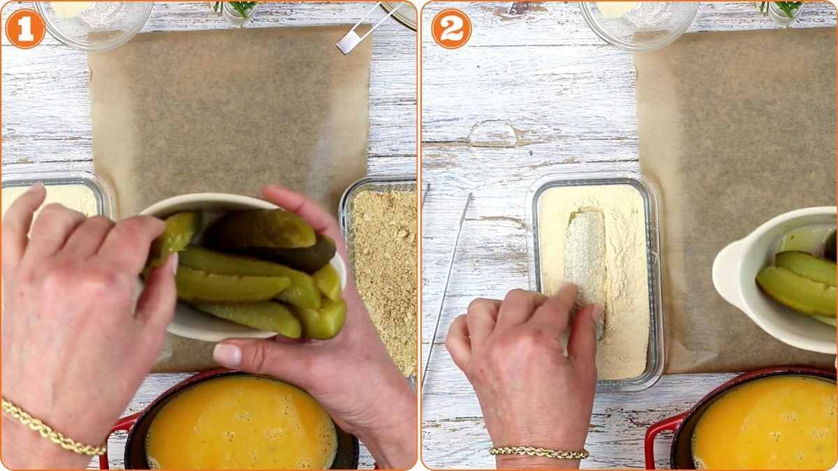 Two-step process: a person holds sliced pickles over a bowl in the first image, then dips a pickle slice into flour in the second image on a wooden countertop.