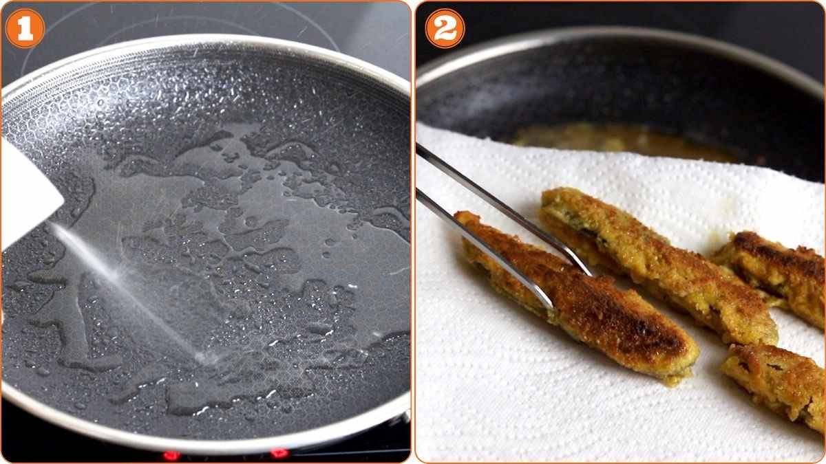 A pan being sprayed with oil, followed by breaded food strips being placed on a paper towel-lined plate with tongs after frying.