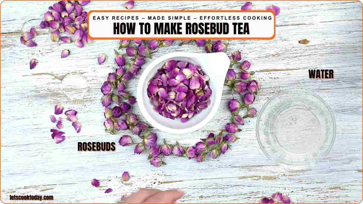 Dried rosebuds and water prepared for tea.