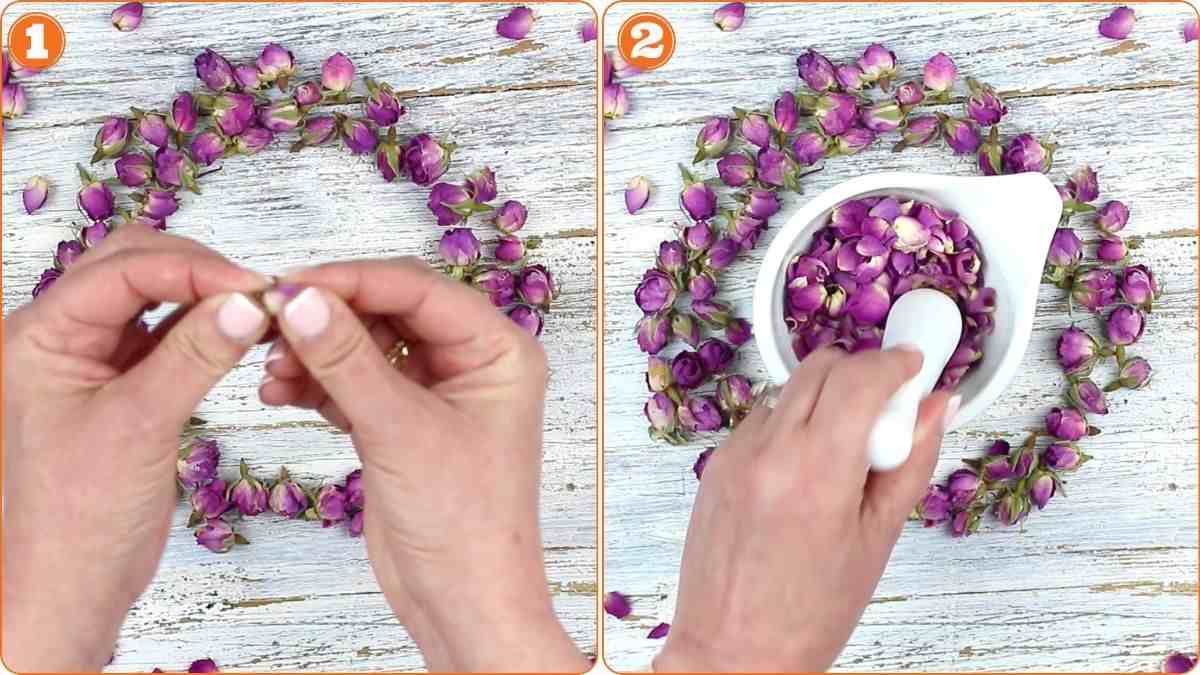 Crushing rosebuds gently with mortar and pestle.