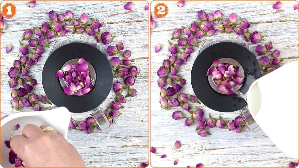 Pouring hot water over crushed rosebuds.