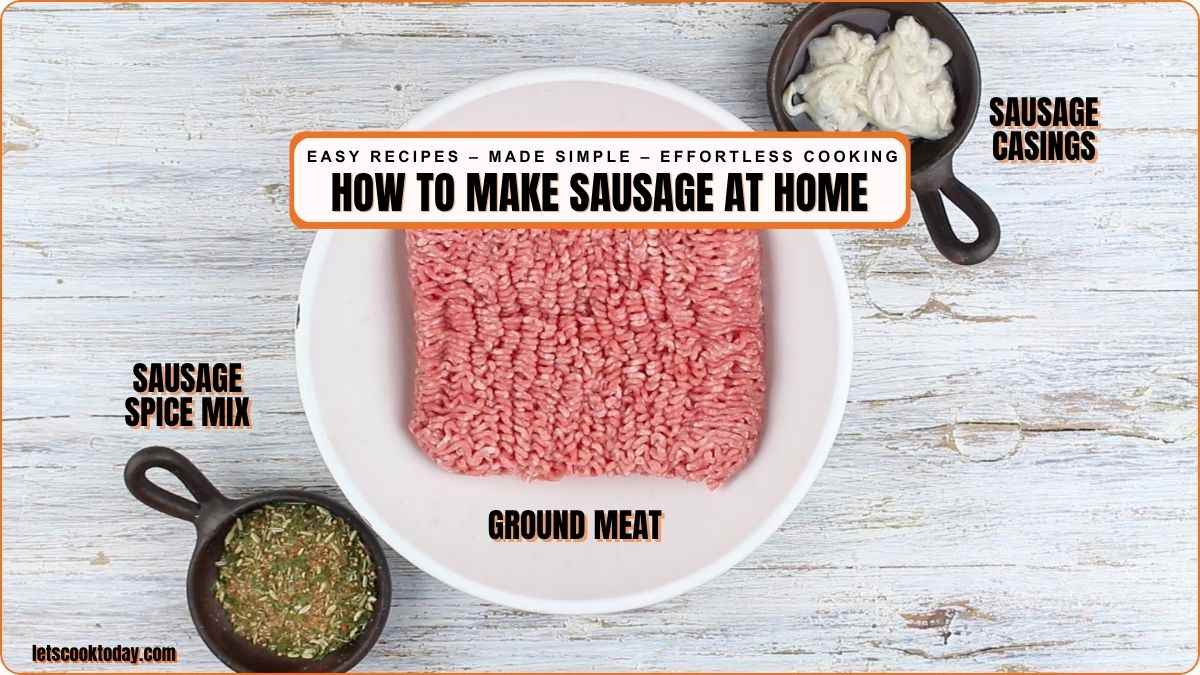 Ground meat spice mix and casings on table.