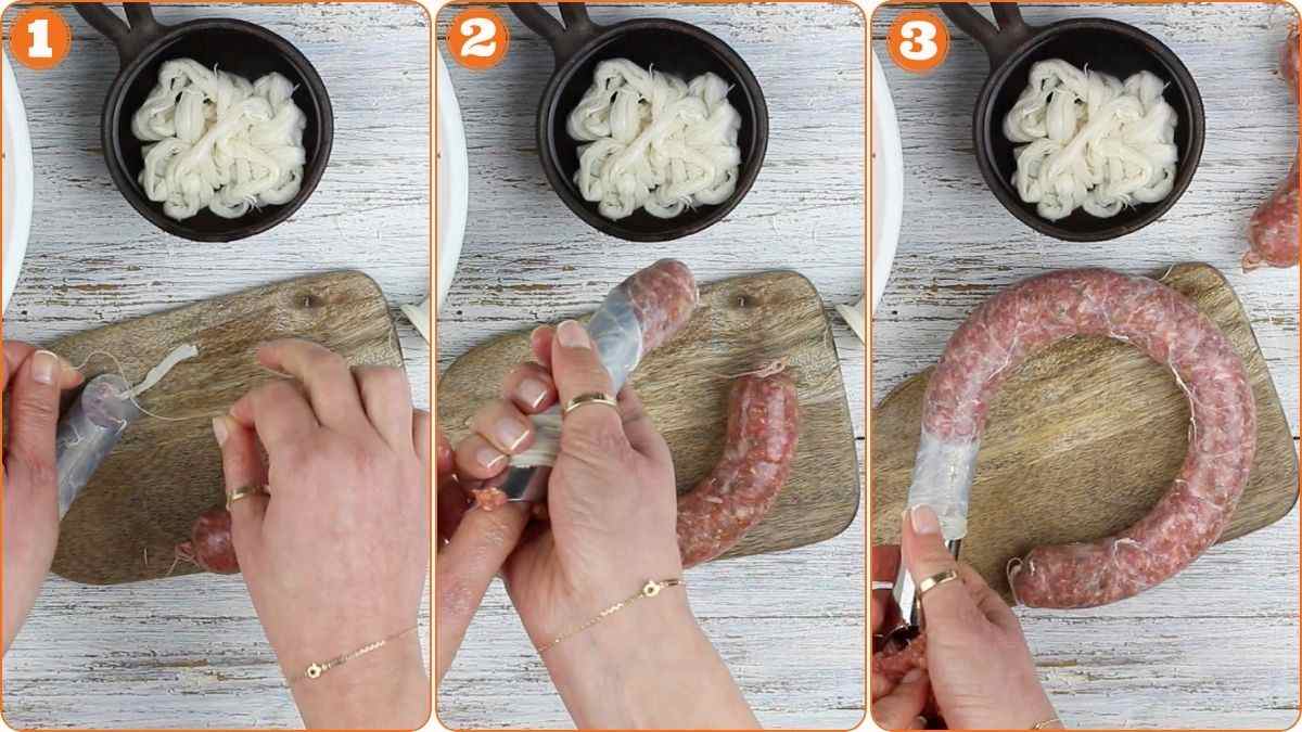 Stuffing sausage casings with seasoned meat.
