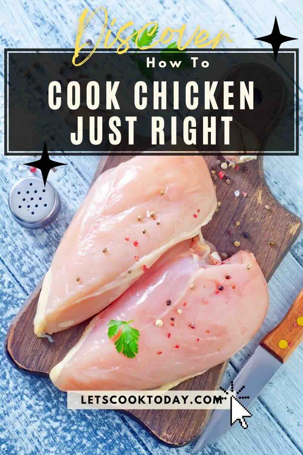 Raw chicken breasts seasoned on wooden cutting board.