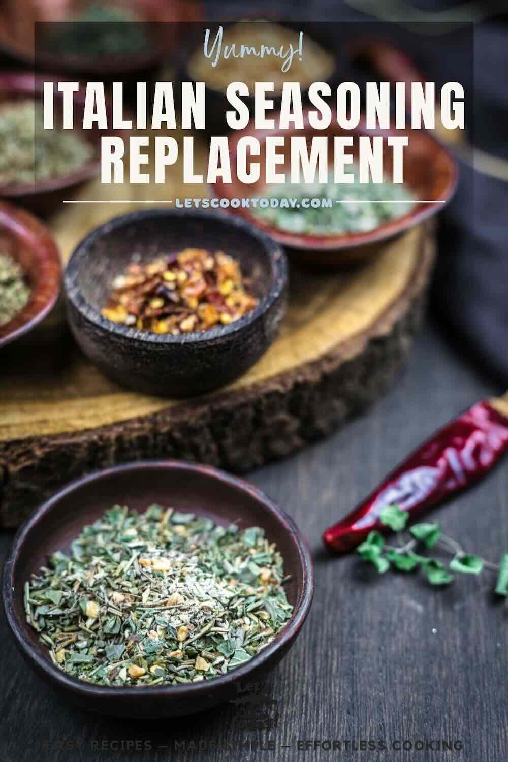 Italian seasoning replacement mix in wooden bowls.