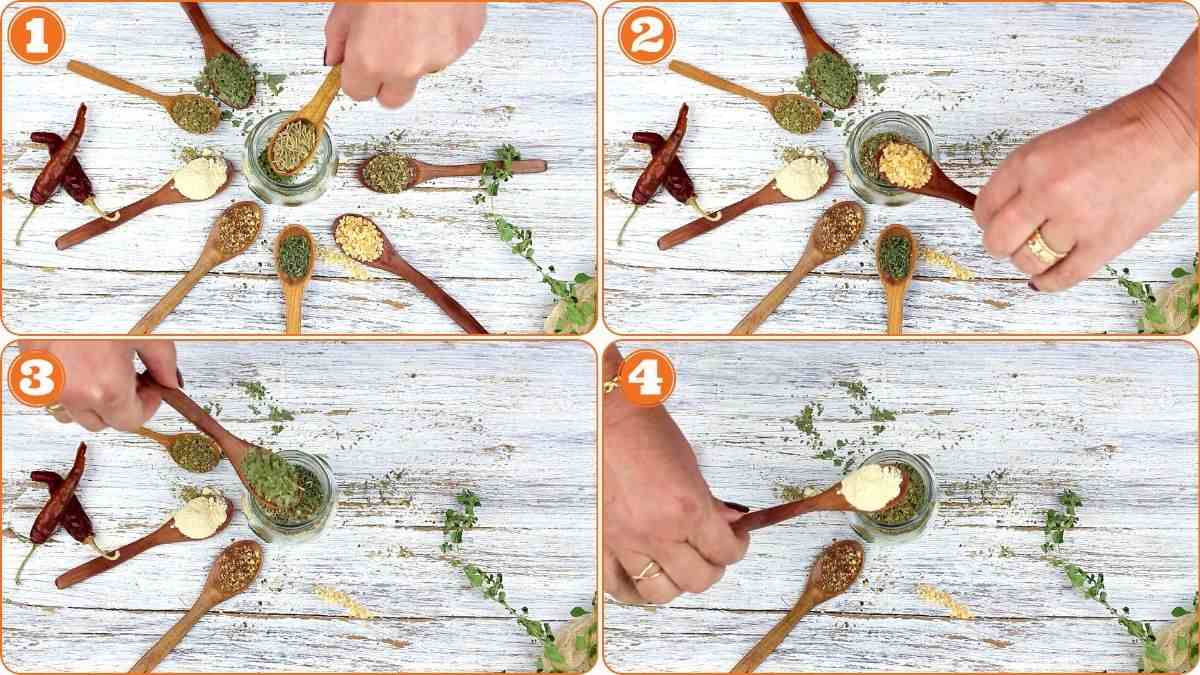 Adding dried herbs into glass mixing jar.