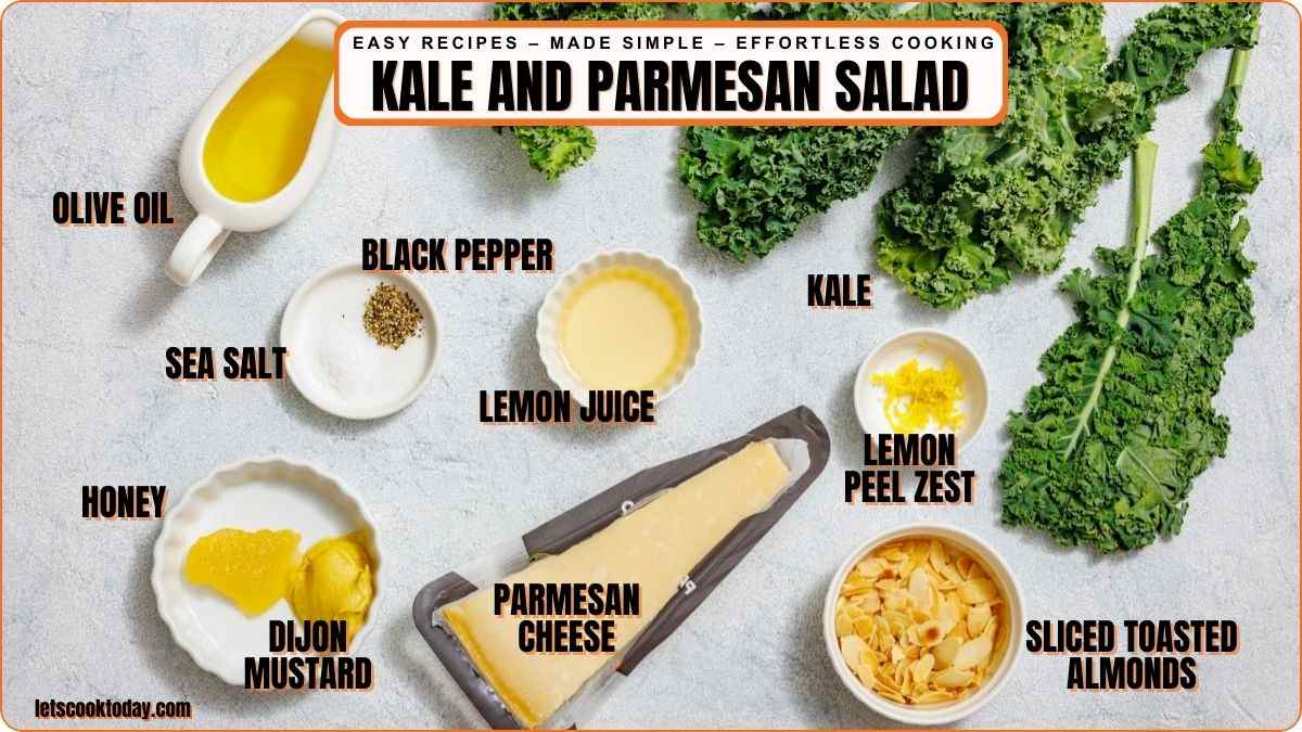 Fresh kale and parmesan salad ingredients arranged.