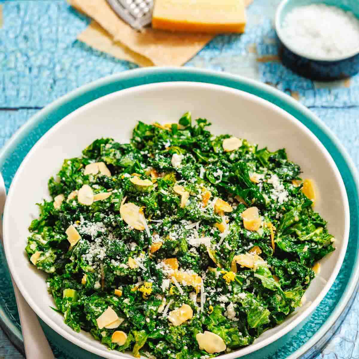 Overhead view of kale and parmesan salad.