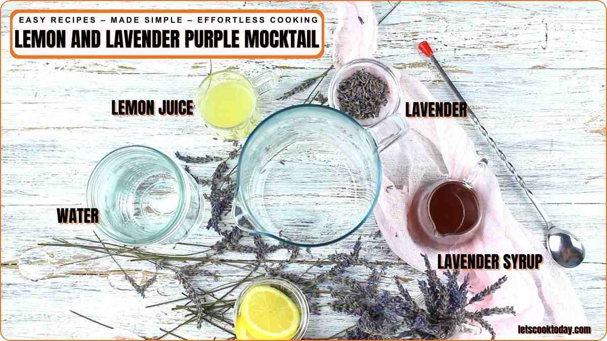 Lemon lavender mocktail ingredients arranged on table.