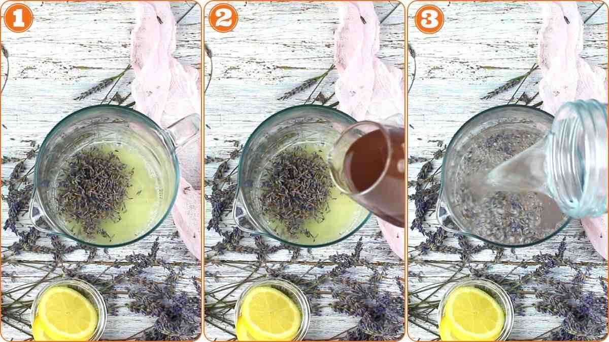 Adding lavender syrup into lemon juice mixture.