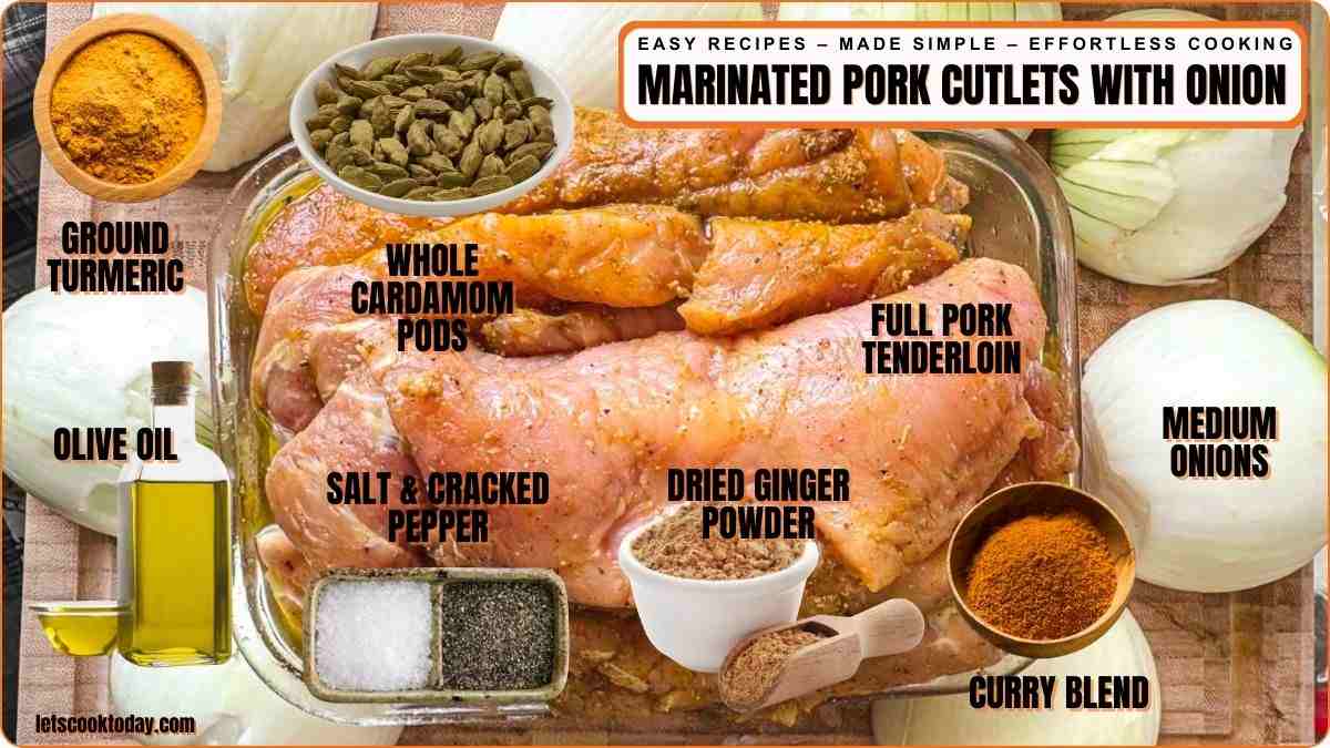 Marinated pork cutlet ingredients arranged on table.
