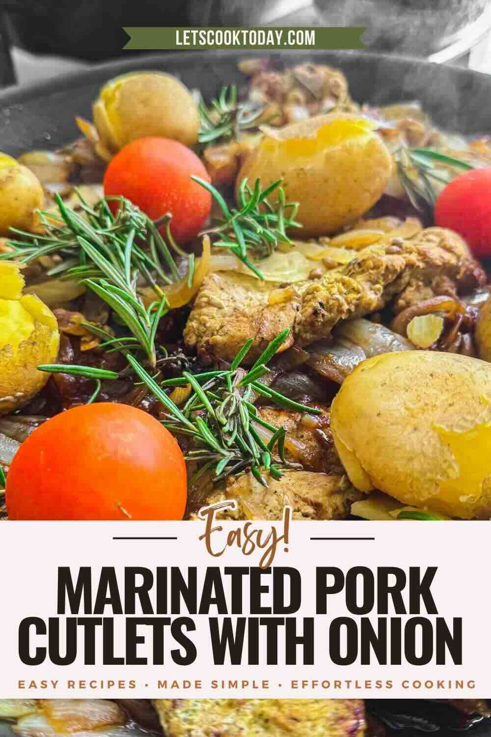 Marinated pork cutlets with onion and potatoes.