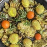 Overhead view of marinated pork cutlets dish.