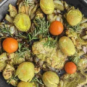 Overhead view of marinated pork cutlets dish.