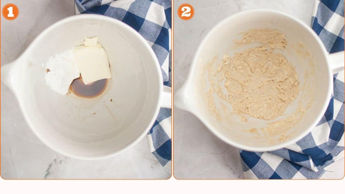 Two side-by-side images: the left shows butter, powdered sugar, and vanilla in a white bowl; the right shows the ingredients mixed into a creamy batter in the same bowl.