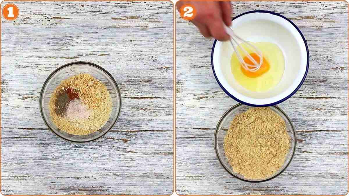 Image divided into two panels: left shows a bowl of breadcrumbs and spices; right shows a hand whisking an egg in a bowl above the breadcrumb mixture.