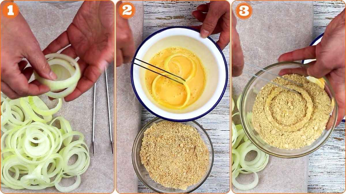 Three-step process of making onion rings: slicing onions, dipping rings in beaten egg, then coating them in breadcrumbs.