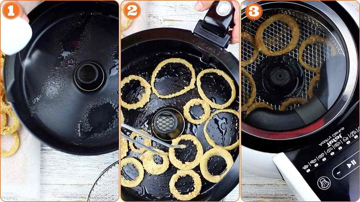 Three-panel image showing: 1) Spraying oil inside an air fryer, 2) Placing raw onion rings in the basket, 3) Air fryer operating with onion rings inside.