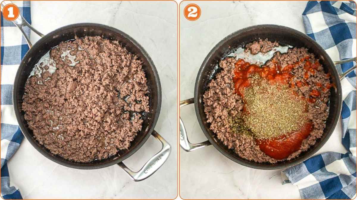 Ground beef cooking in skillet with seasoning.