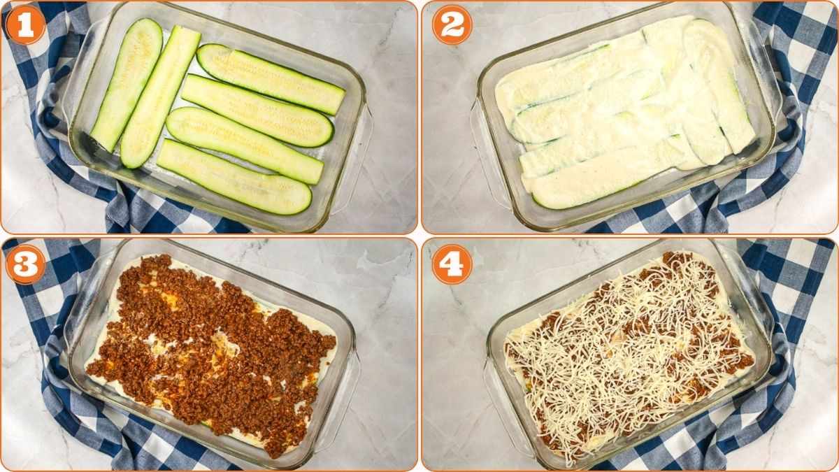 Zucchini lasagna layers with sauce and cheese.