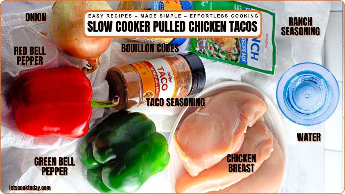 Ingredients for slow cooker pulled chicken tacos displayed on a surface: chicken breasts, bell peppers, onion, taco seasoning, ranch seasoning, bouillon cubes, and water.