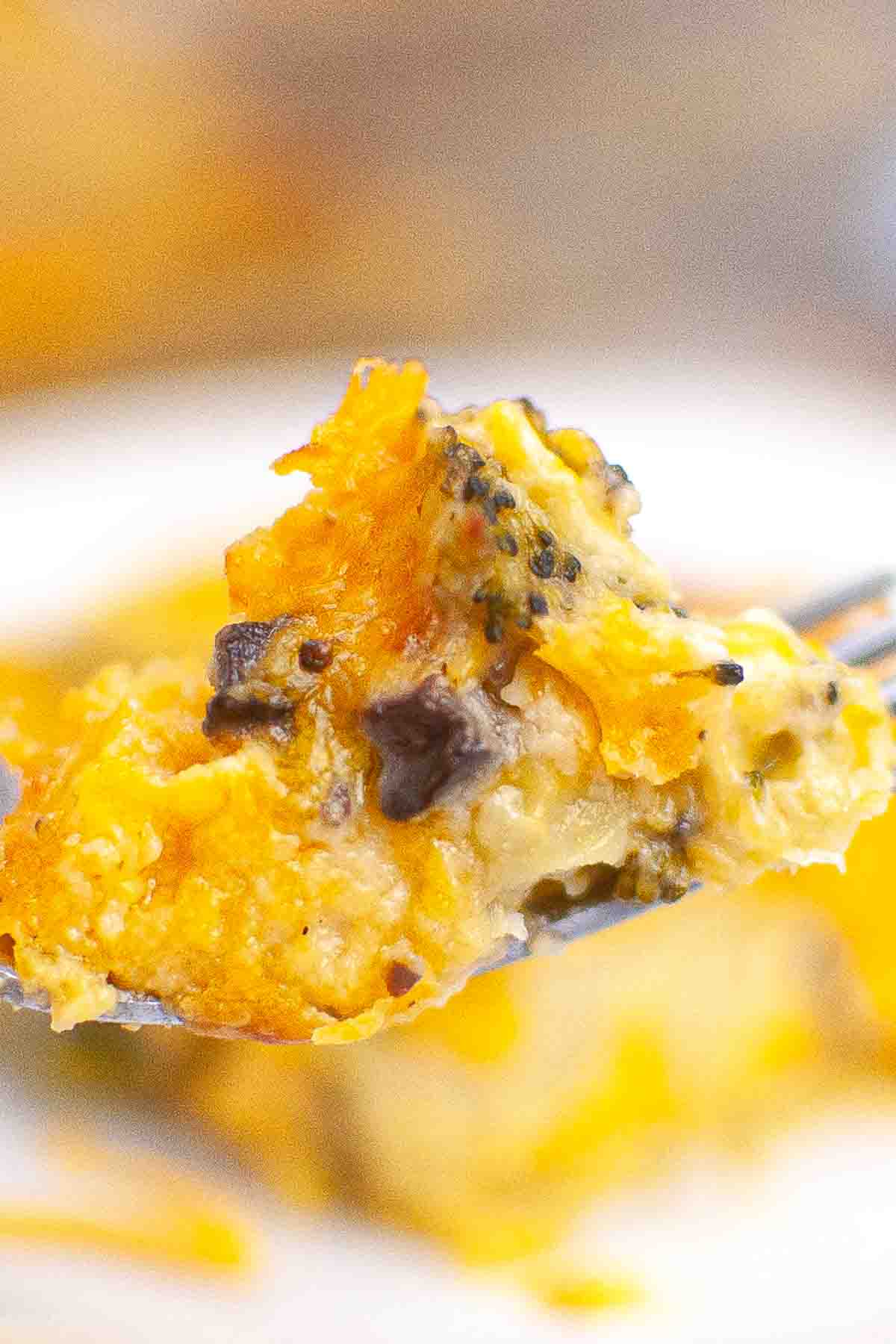 Close-up of a fork holding a bite of cheesy casserole with visible broccoli, mushrooms, and melted cheese.