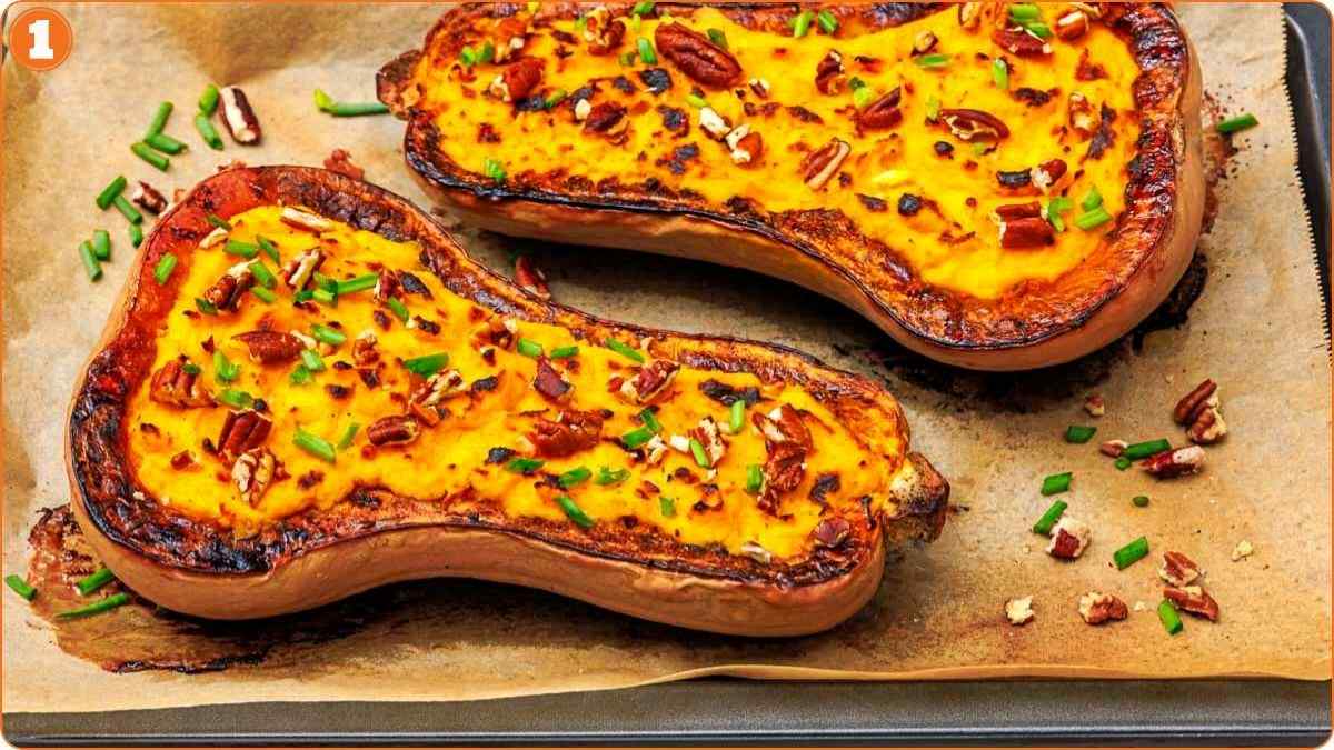 Two halves of roasted butternut squash topped with pecans and chives on a parchment-lined baking sheet.